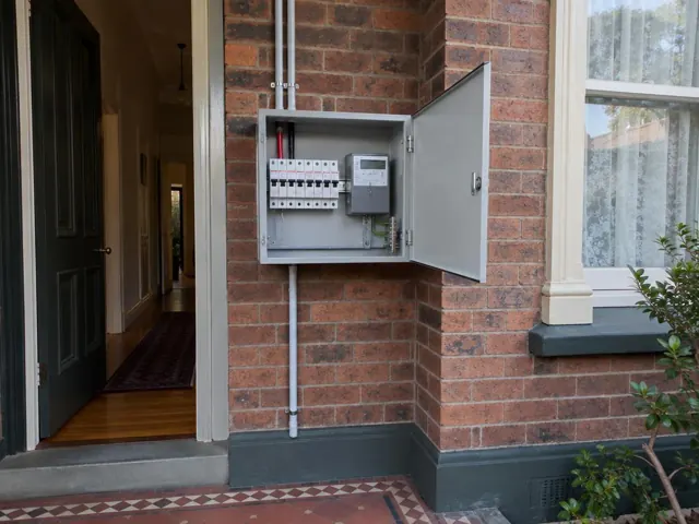 Open electrical switchboard on a brick exterior wall beside a doorway in Lilyfield